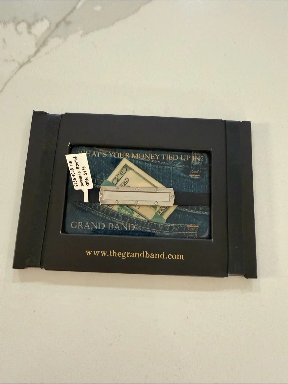 Grand Band Sterling Silver 925 Money Clip Wallet with Black strap